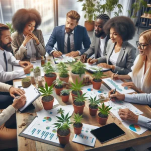 A diverse group of entrepreneurs collaborating over a table featuring both men and women of different ethnicities. They are discussing plans and stra